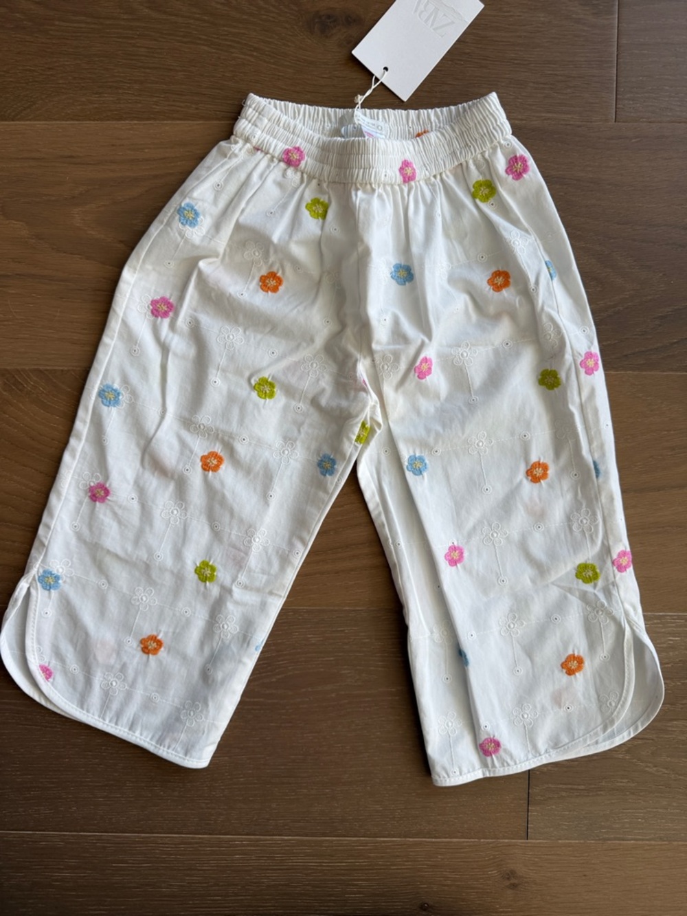 Zara White Pajama Pants with Pink, Blue, Orange & Green Flower Embroidery